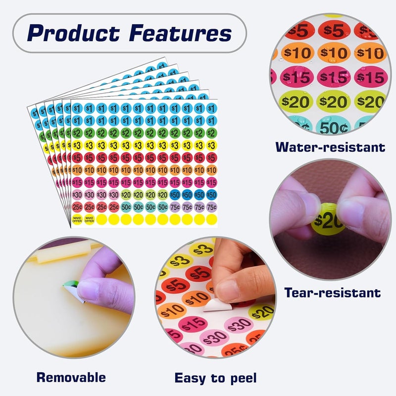 YSHIHE Garage Sale Price Stickers, 2040 Pieces Yard Sales Sticker 3/4 Inch Round Price Tags Labels, Multiple Denominations, Bright Colors - Image 4